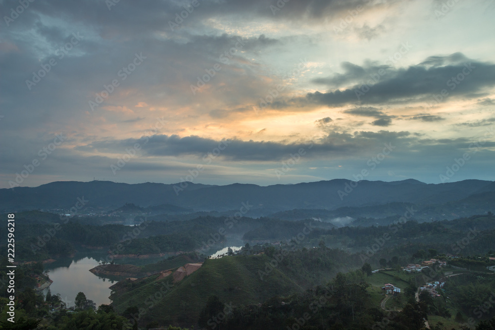Colombian countryside at sunrise, near Guatape town and lake