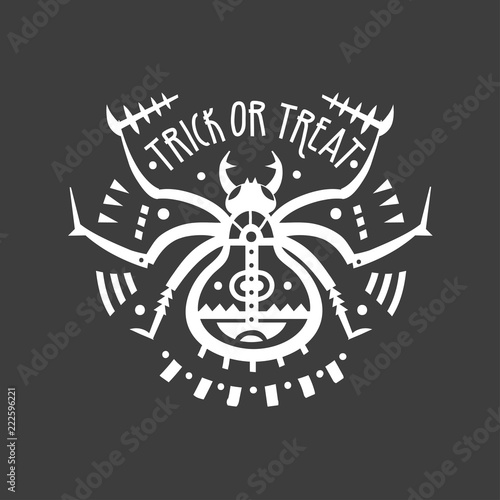 Vector halloween illustration with stylized white spider and lettering  Trick or treat  on a black background.
