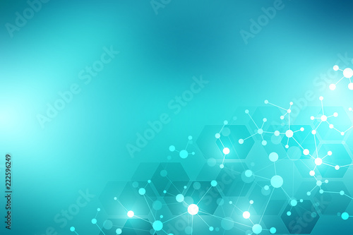 Molecular structure background and communication. Abstract background with molecule DNA and neural network. Artificial intelligence. Science and technology concept with connected lines and dots.