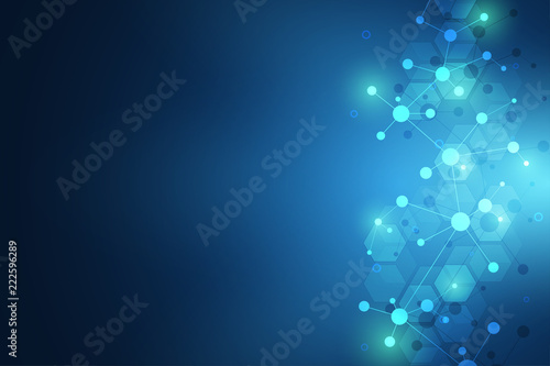 Molecular structure background and communication. Abstract background with molecule DNA and neural network. Artificial intelligence. Science and technology concept with connected lines and dots.