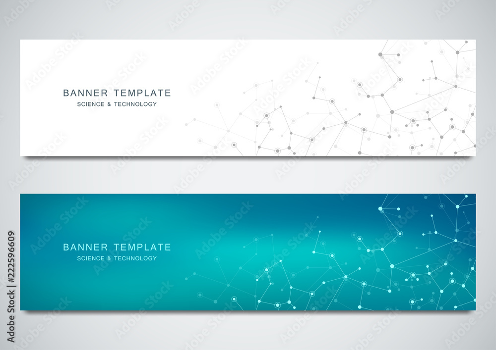 Vector banners design for medicine, science and digital technology. Molecular structure background and communication with connected lines and dots. Vector banners design for medicine, science and digital technology. Molecular structure background and communication with connected lines and dots.