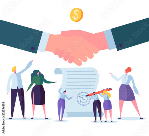 Handshake Business Agreement. Flat People Characters Signing Contract. Successful Partnership, Cooperation Concept. Vector illustration