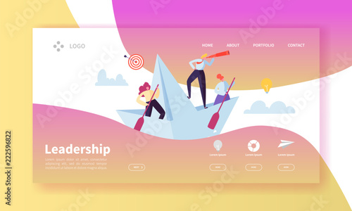 Leadership Concept Landing Page Template. Website Layout with Flat People Characters with Spyglass on Paper Ships. Easy to Edit and Customize Mobile Web Site. Vector illustration