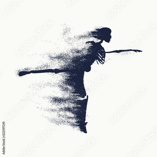 Human skeleton with trail of particles. Dancing pose. Halloween party design template