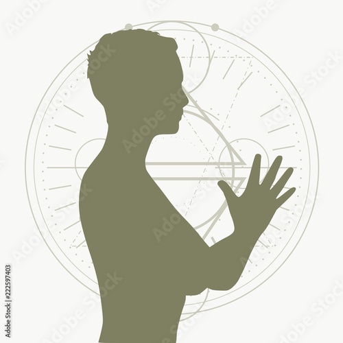 Woman folded his hands in prayer. Lady silhouette. Short hair. Linear alchemy, occult, philosophical sign on backdrop