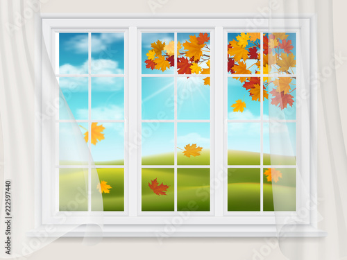 Maple branch outside the window. Autumn rural landscape with hill. Big window with curtains.