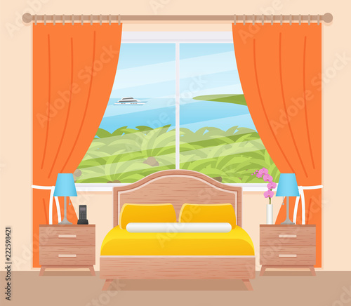 Hotel room with ocean sea landscape view window and tropic palms. Vector. Bedroom interior with double bed. Modern home space with furniture. Cartoon illustration. Flat design background of hotel room
