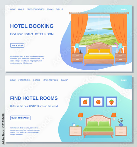 Hotel room web page design templates. Vector. Hotel booking  find room banner  flyer  website  site. Bedroom Interior poster with furniture  sea landscape window  bed  text. Cartoon flat illustration.
