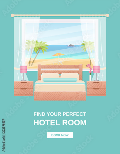 Hotel room banner. Vector. Template flyer bedroom interior, ocean sea landscape view window, bed. Cartoon illustration. Flat design background hotel room brochure, sale, advertising, infographic, text