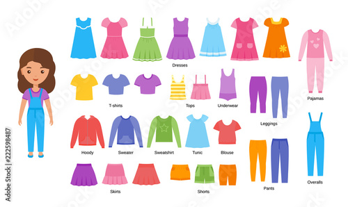 Girl clothes. Vector. Baby clothing. Cartoon female character paper doll with casual cloths set isolated on white background. Illustration of children dresses, pants, skirts, shorts, knitwear, blouse.
