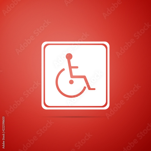Disabled handicap icon isolated on red background. Wheelchair handicap sign. Flat design. Vector Illustration