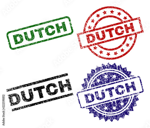 DUTCH seal prints with distress texture. Black, green,red,blue vector rubber prints of DUTCH label with grunge texture. Rubber seals with circle, rectangle, medal shapes.