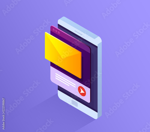 Mobile e-mail notification icon. Email marketing. Communication, information dissemination, sending email. Vector 3d isometric illustration.