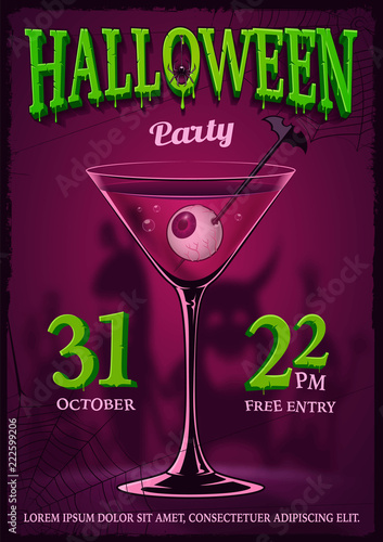 Halloween party poster with illustration of cocktail with eyes inside.