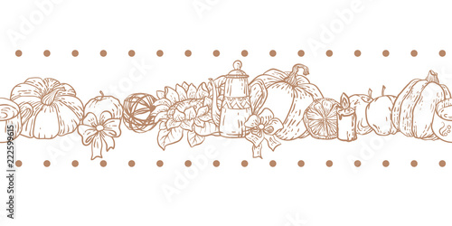 Seamless decorative line without background in vector with household things for autumn harvest season