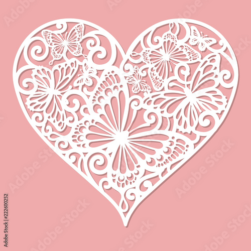 A template for laser cutting. Openwork heart made of butterflies. For cutting from paper, wood, metal. Vector