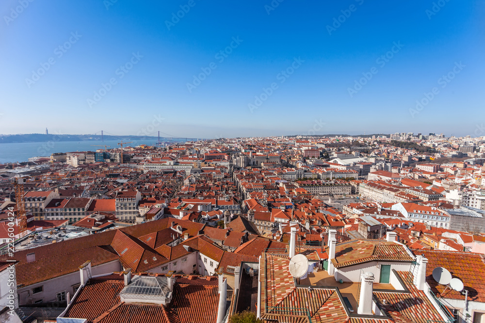 Lisbon, Portugal. Baixa District of Lisbon seen from the Castelo de Sao Jorge aka Saint George Castle with the Figueira Square, Santa Justa lift and Carmo Convent Ruins.