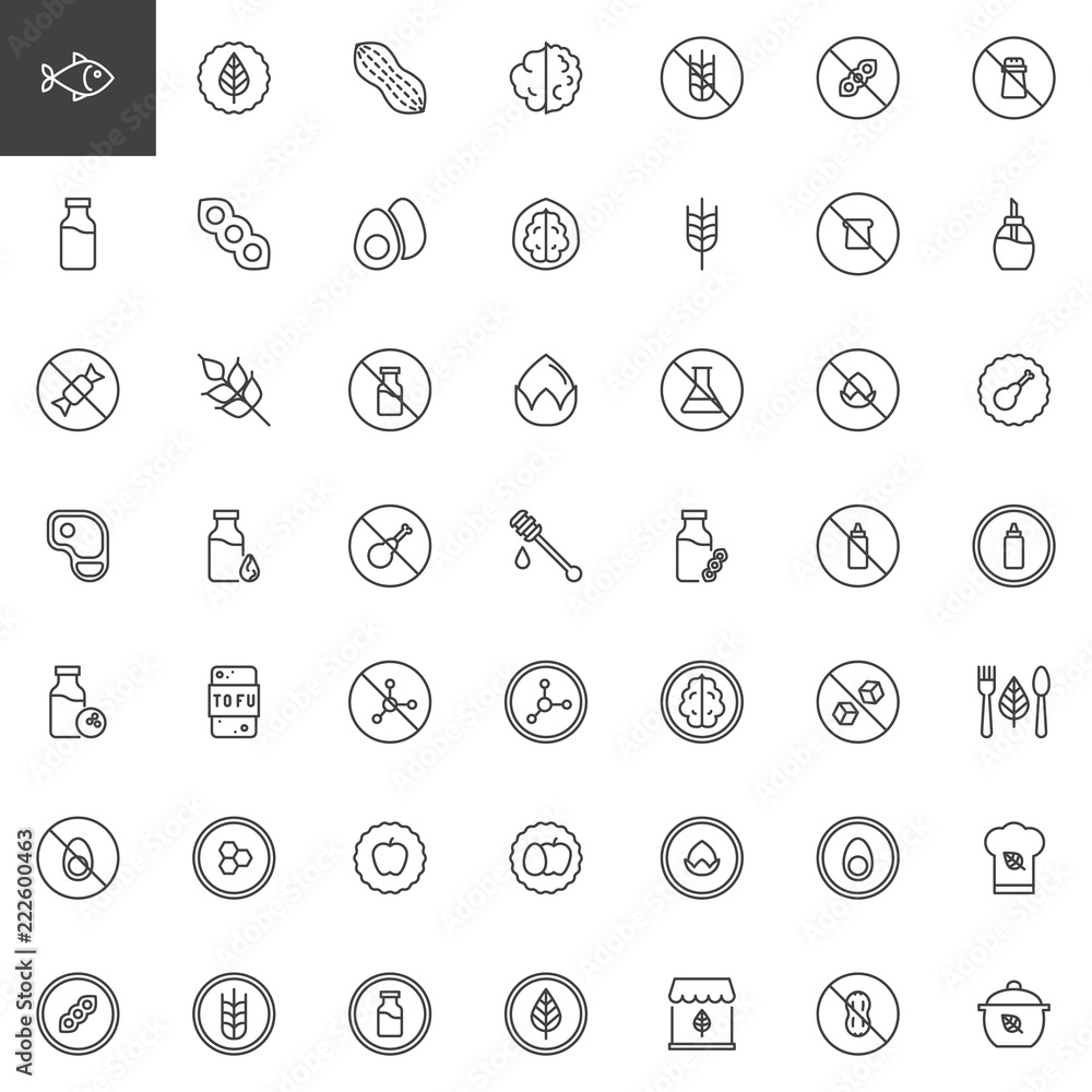 Organic food outline icons set. linear style symbols collection, line signs pack. vector graphics. Set includes icons as Seafood, Peanut, Walnut, Gluten free, Milk, Soy, GMO, Wheat, Dairy egg Tofu Organic food outline icons set. linear style symbols collection, line signs pack. vector graphics. Set includes icons as Seafood, Peanut, Walnut, Gluten free, Milk, Soy, GMO, Wheat, Dairy egg Tofu