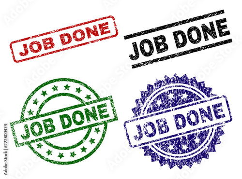JOB DONE seal prints with corroded texture. Black, green,red,blue vector rubber prints of JOB DONE title with scratched surface. Rubber seals with round, rectangle, medallion shapes.