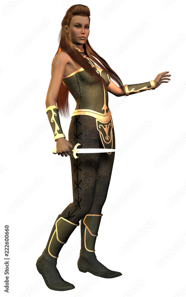 fantasy warrior armed with dagger, long red hair, 3d illustration fantasy warrior armed with dagger, long red hair, 3d illustration
