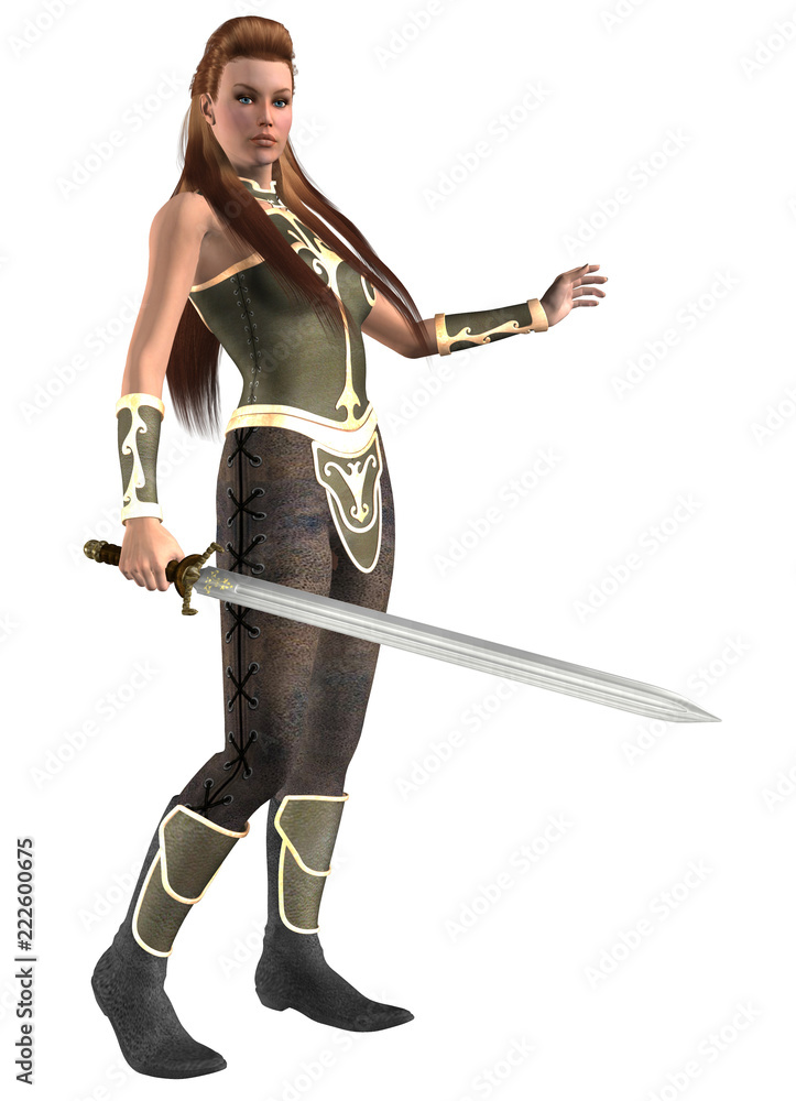 fantasy warrior armed with sword, long red hair, 3d illustration fantasy warrior armed with sword, long red hair, 3d illustration