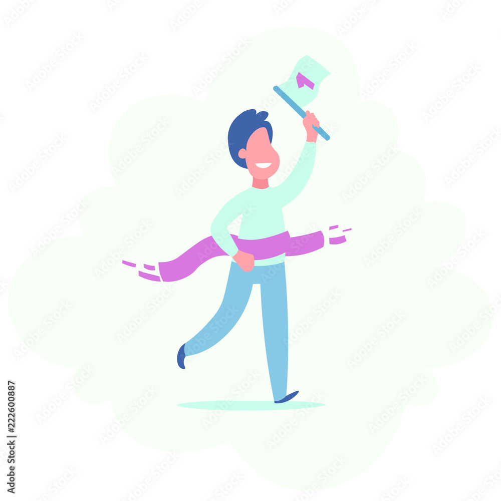 Businessman holding number one flag running and crossing finish line in first place. Business success concept. Businessman holding number one flag running and crossing finish line in first place. Business success concept.