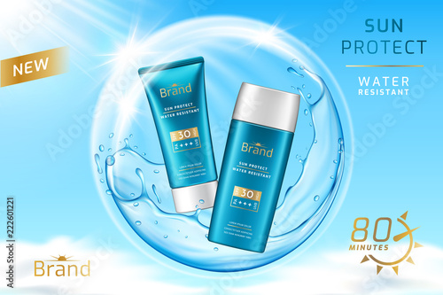 Tubes for sunscreen cream in bubble reflecting sun