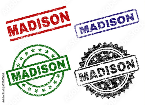 MADISON seal prints with distress surface. Black, green,red,blue vector rubber prints of MADISON tag with dust surface. Rubber seals with round, rectangle, medallion shapes.