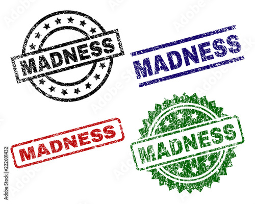 MADNESS seal prints with damaged surface. Black, green,red,blue vector rubber prints of MADNESS title with unclean surface. Rubber seals with circle, rectangle, medallion shapes.