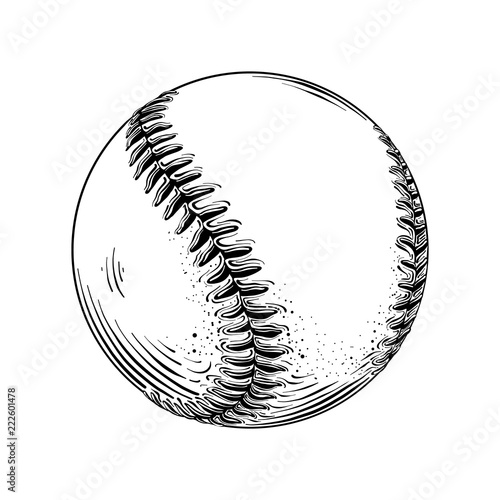 Hand drawn sketch of baseball ball in black isolated on white background. Detailed vintage style drawing. Vector illustration