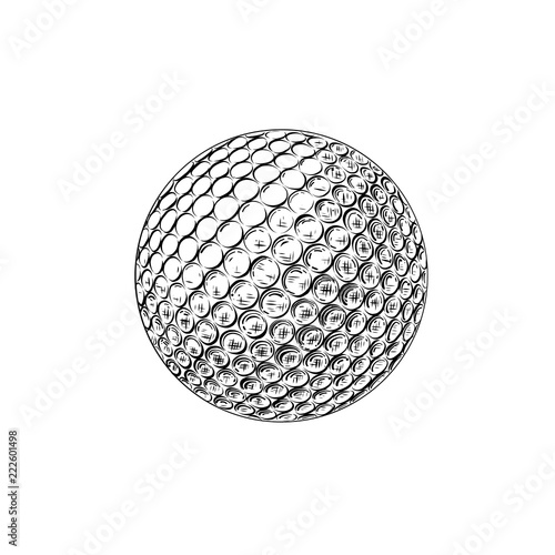 Hand drawn sketch of golf ball in black isolated on white background.
