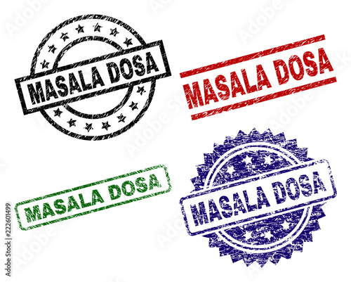 MASALA DOSA seal prints with damaged surface. Black, green,red,blue vector rubber prints of MASALA DOSA title with unclean surface. Rubber seals with circle, rectangle, medallion shapes.