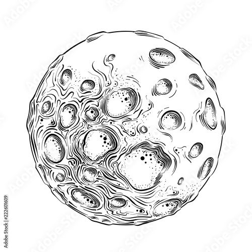 Hand drawn sketch of moon planet in black isolated on white background. Detailed vintage style drawing. Vector illustration