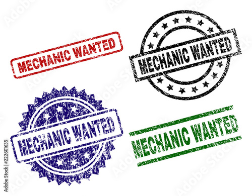 MECHANIC WANTED seal prints with damaged surface. Black, green,red,blue vector rubber prints of MECHANIC WANTED label with unclean surface. Rubber seals with circle, rectangle, medal shapes.
