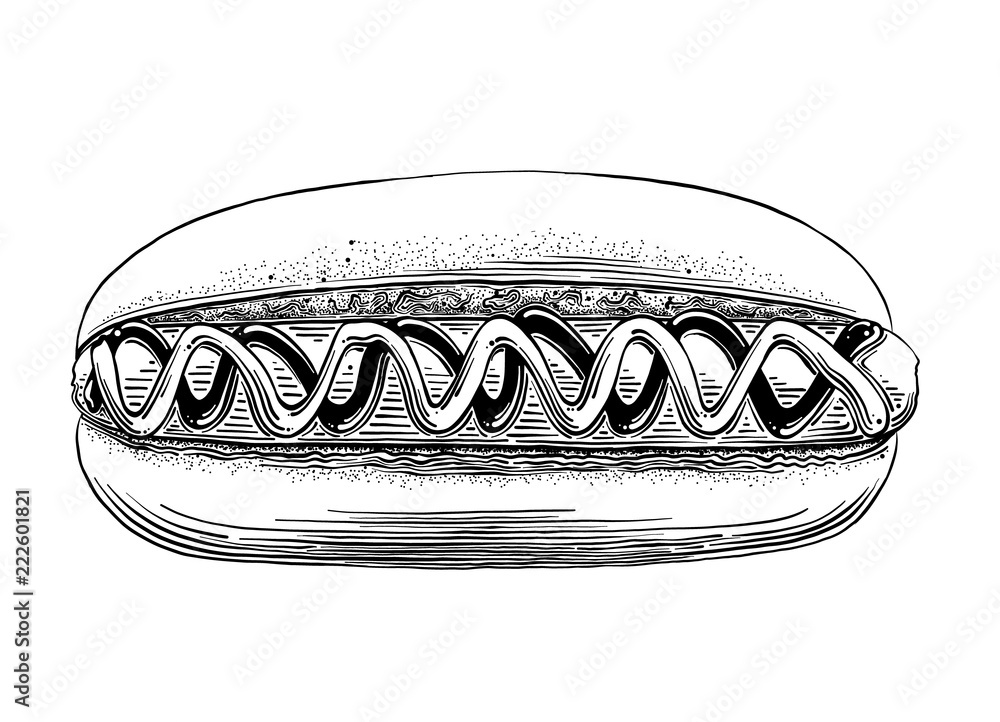 Hand drawn sketch of Hot Dog in black isolated on white background. Detailed vintage style drawing. Vector illustration Hand drawn sketch of Hot Dog in black isolated on white background. Detailed vintage style drawing. Vector illustration