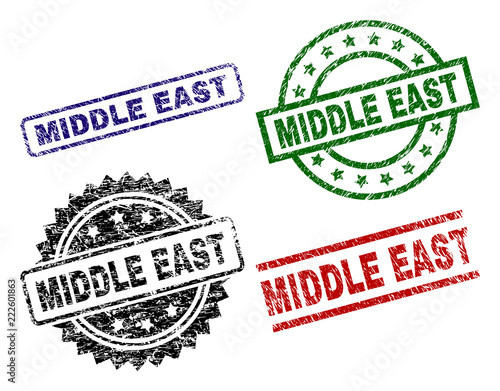 MIDDLE EAST seal prints with distress surface. Black, green,red,blue vector rubber prints of MIDDLE EAST label with dirty surface. Rubber seals with circle, rectangle, medal shapes.