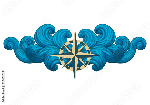 Rose of the winds with symmetrical waves isolated on white background. Marine icon, label, sticker, t-shirt design template.