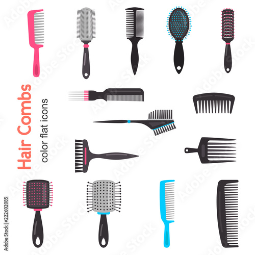 Hair combs color vector icons set. Flat design
