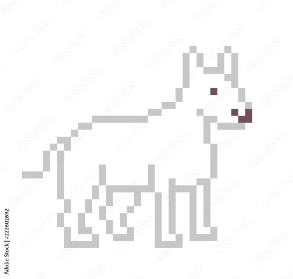 White bull terrier, pixel art character isolated on white background. Cute puppy. Small dog breed. Pet friend. Old school 8 bit slot machine icon. Retro 80s,90s video game graphics. Domestic animal. White bull terrier, pixel art character isolated on white background. Cute puppy. Small dog breed. Pet friend. Old school 8 bit slot machine icon. Retro 80s,90s video game graphics. Domestic animal.
