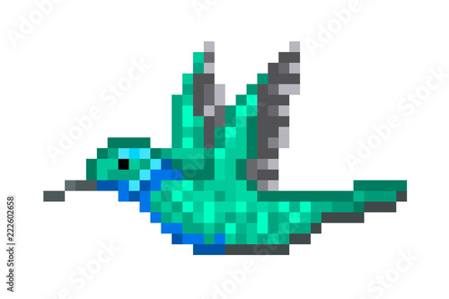 Pixel art green hummingbird isolated on white background. Colibri icon. Cute 8 bit bird logo. Retro vintage 80s; 90s slot machine/video game graphics.