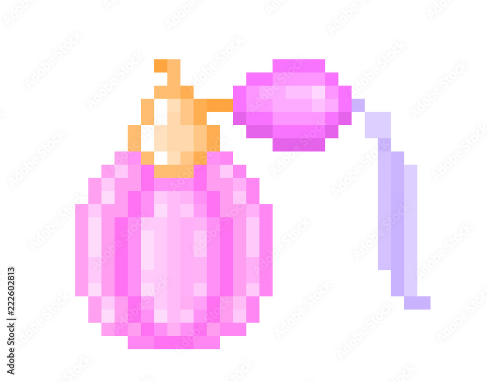 Vintage perfume in a pink glass bottle with tassel, pixel art illustration  isolated on white. Beauty product, body spray. Eau de toilette, eau de  cologne symbol. Cosmetics shop, fragrance store logo. Stock