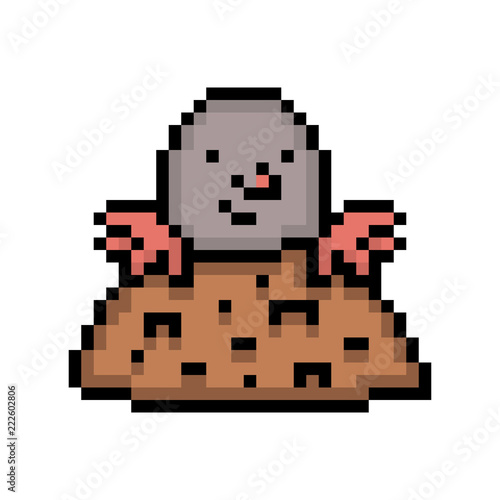 Old school 8 bit pixel art mole crawling out of molehill. Small subterranean rodent animal icon isolated on white background. Garden pest.Retro video/pc game character. Slot machine graphics.