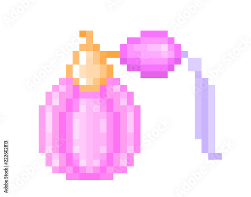 Vintage perfume in a pink glass bottle with tassel, pixel art illustration isolated on white. Beauty product, body spray. Eau de toilette, eau de cologne symbol. Cosmetics shop, fragrance store logo.