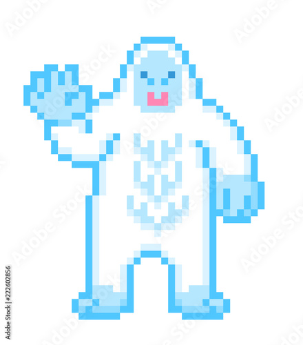 Big white hairy yeti waving his hand, pixel art character isolated on white background. Legendary monster. Folklore character. Snowman mascot. Retro vintage 80s; 90s slot machine/video game graphics.