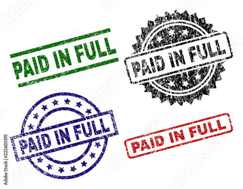 PAID IN FULL seal prints with distress surface. Black, green,red,blue vector rubber prints of PAID IN FULL tag with unclean surface. Rubber seals with circle, rectangle, rosette shapes.