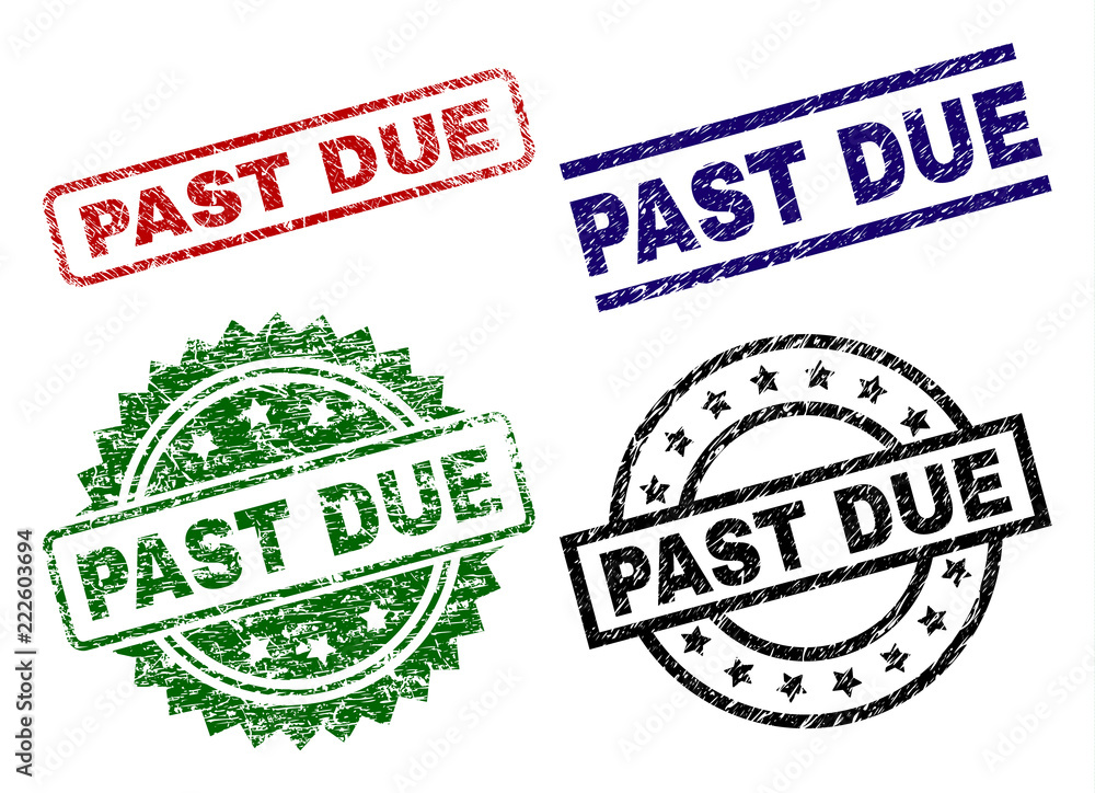 PAST DUE seal prints with corroded style. Black, green,red,blue vector rubber prints of PAST DUE caption with grunge style. Rubber seals with round, rectangle, rosette shapes. PAST DUE seal prints with corroded style. Black, green,red,blue vector rubber prints of PAST DUE caption with grunge style. Rubber seals with round, rectangle, rosette shapes.