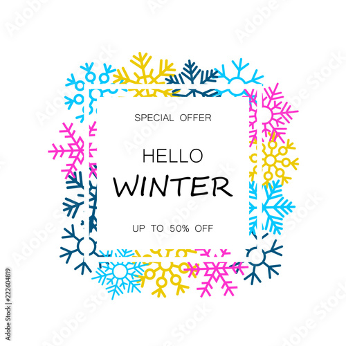 Winter sale banner with colorful snowflakes
