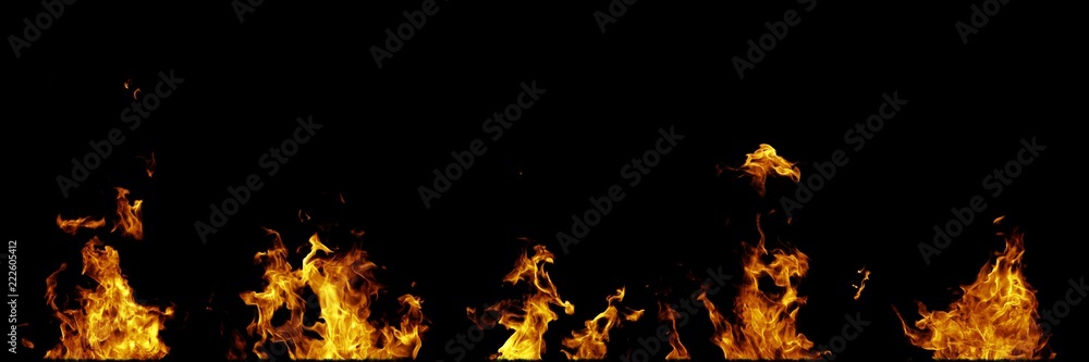 Obraz premium Real fire flames isolated on black background. Mockup on black of 5 flames.