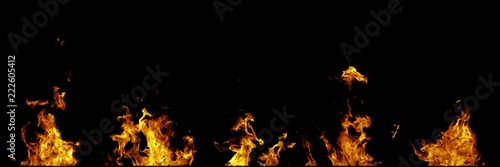 Real fire flames isolated on black background. Mockup on black of 5 flames.