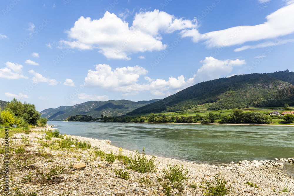 The bank of the Danube River and blue sky. Wachau valley. Austria.